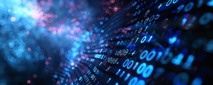 Photo 資訊技術和藍色數碼二進制數據網絡,以編碼和軟件算法編程為藍色數據流抽象數據背景旗