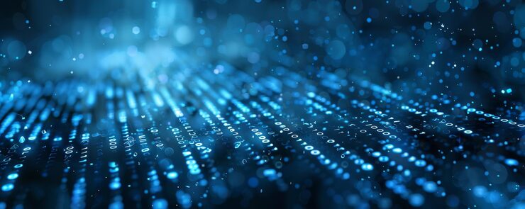 Photo information technology and blue digital binary data network with coding and software algorithm programing as blue data flow abstract datum background banner