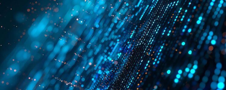 Photo information technology and blue digital binary data network with coding and software algorithm programing as blue data flow abstract datum background banner