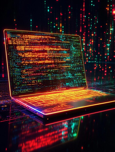 信息技术和计算机工程概念 为移动和桌面平台创建数字软件 软件开发人员编程代码 屏幕上有未来代码的虹笔记本电脑