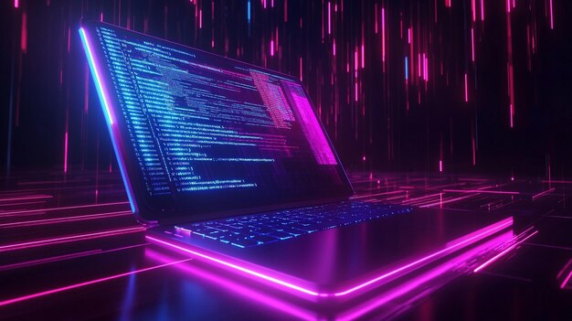 information technology and computer engineering concepts creation of digital software for mobile and desktop platforms software developer programming code neon laptop with futuristic code on screen