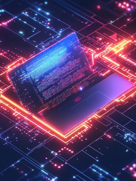 information technology and computer engineering concepts creation of digital software for mobile and desktop platforms software developer programming code neon laptop with futuristic code on screen