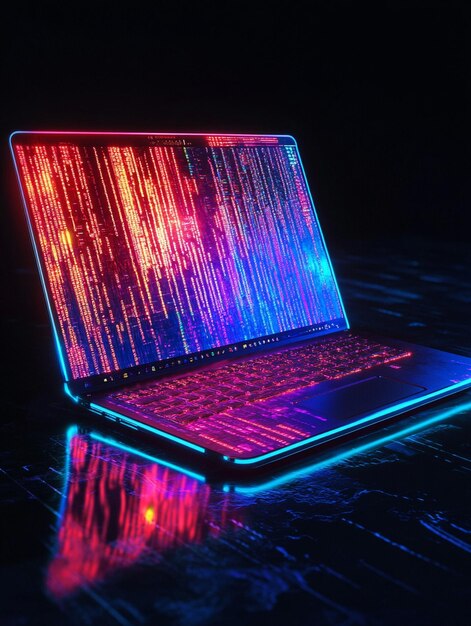 information technology and computer engineering concepts creation of digital software for mobile and desktop platforms software developer programming code neon laptop with futuristic code on screen