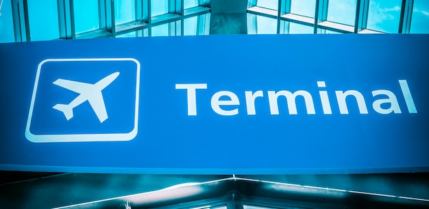 Informational sign showing terminal at international airport