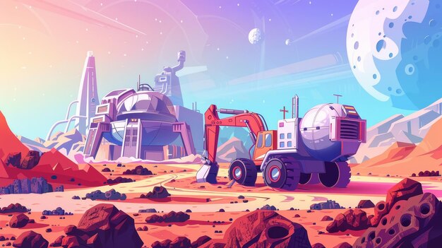 Informationgraphic on Mars mining Planet and space colonization excavating near a futuristic building and astronauts Cartoon modern illustration showing mineral exploration