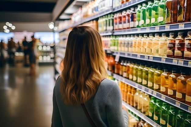 食料品店で商品を比較する女性知恵のある消費者行動