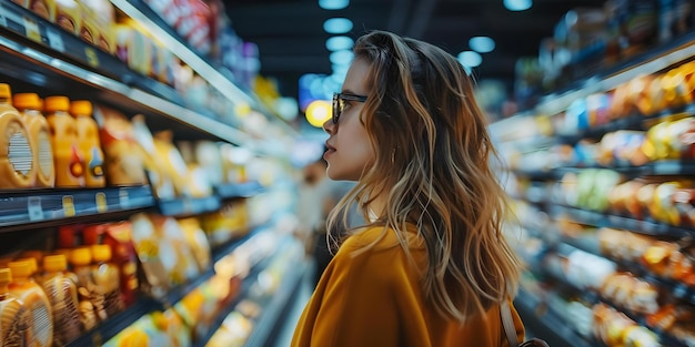 Informeerde beslissingen nemen Een vrouw Het vergelijken van supermarktproducten op basis van voedingsprijzen en ingrediënten Concept Grocery Shopping Voedingsanalyse Prijsvergelijking Ingrediëntbeoordeling