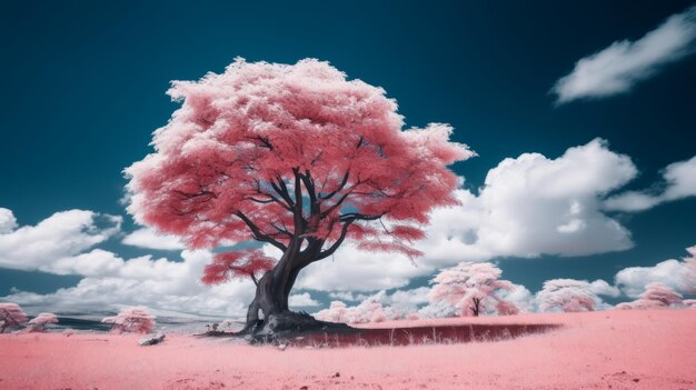 An infrared image of a pink tree in a field