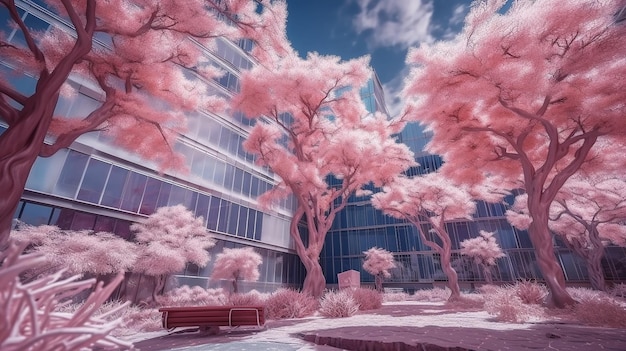 Infrared photography of city buildings and plants