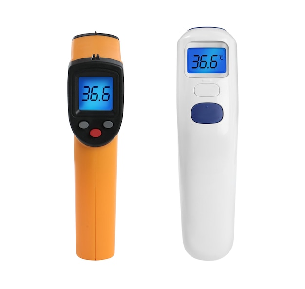 Infrared thermometers on white background collage Checking temperature during Covid19 pandemic