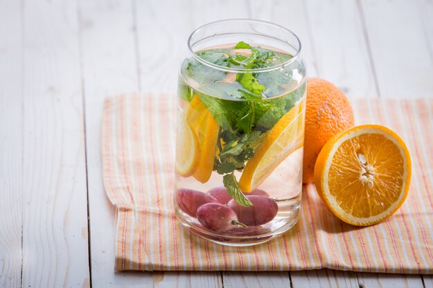 Infused water mix of  orange, mint leaf, and grape