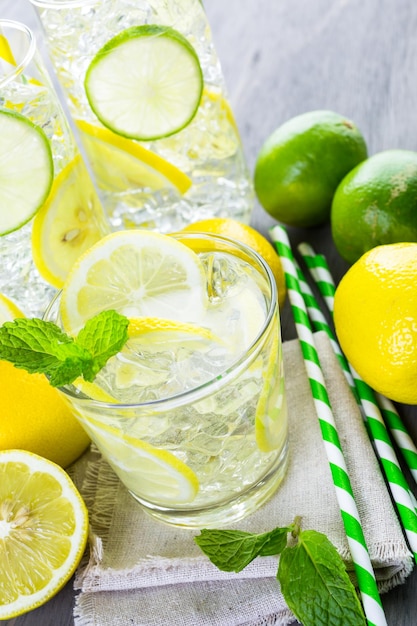 Infused water with fresh citrus fruits and ice.