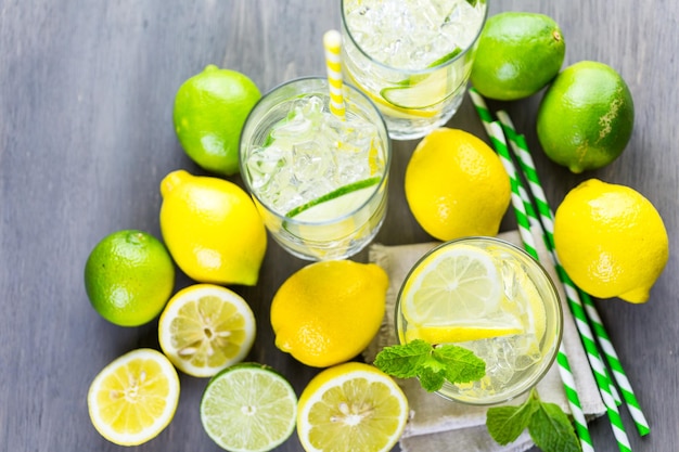 Infused water with fresh citrus fruits and ice.