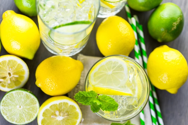 Infused water with fresh citrus fruits and ice.