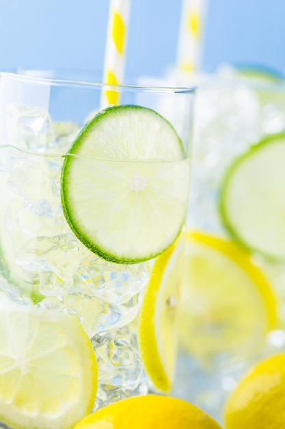 Infused water with fresh citrus fruits and ice.