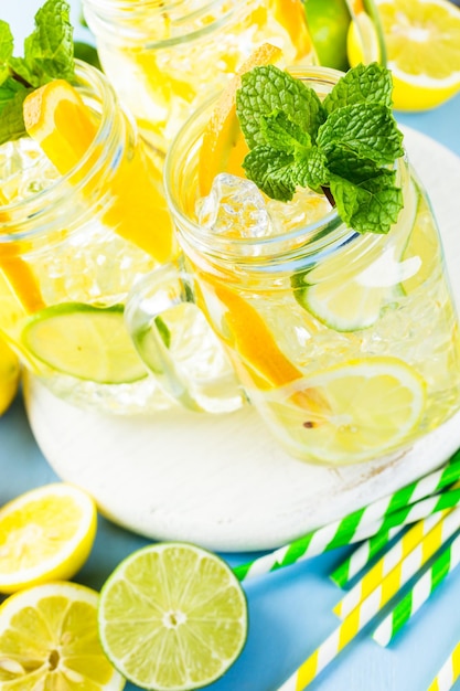 Infused water with fresh citrus fruits and ice.