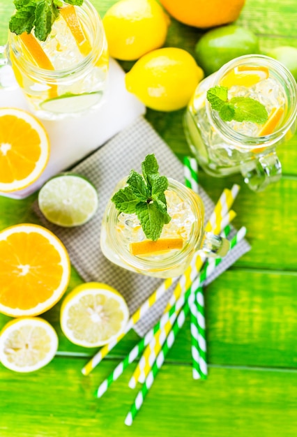 Infused water with fresh citrus fruits and ice.