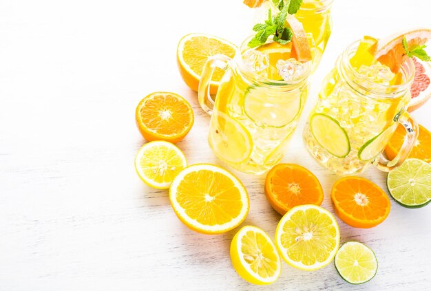 Infused water with fresh citrus fruits and ice.