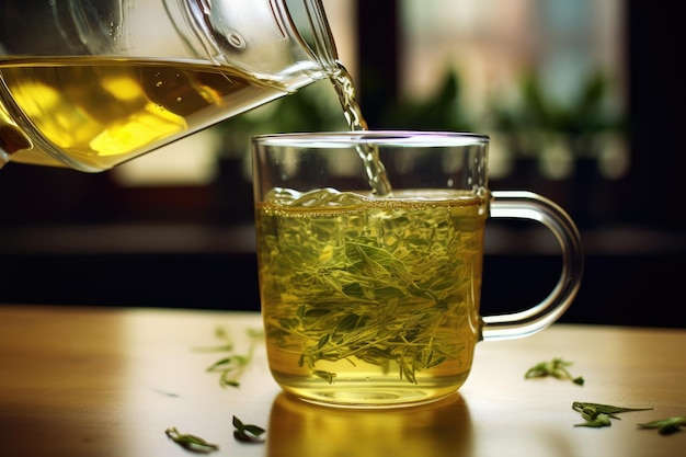 Infusing tea leaves into a glass mug