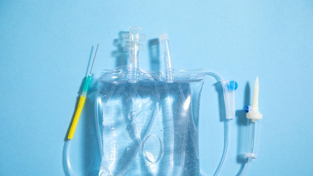 Infusion bag in the blue background IV drip chamber