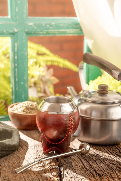 infusion of traditional Argentine yerba mate with hot water