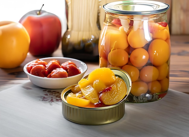 ingeblikte fruit op de keukentafel Voedselfotografie