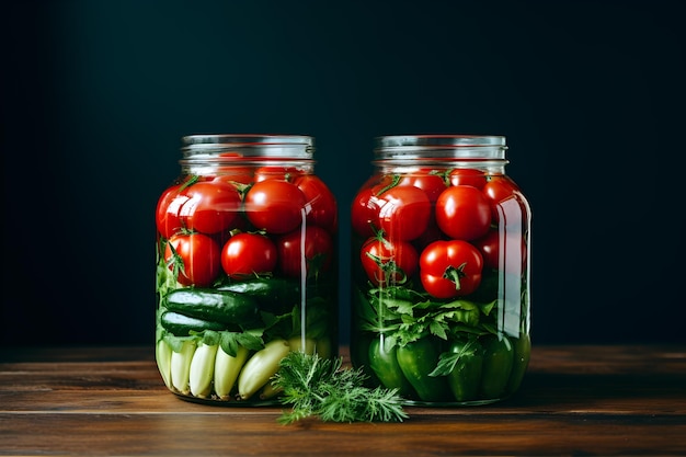 Ingeblikte komkommers en tomaten in glazen potten Huisbehoud voor de winter