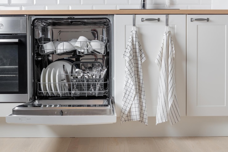 Ingebouwde afwasmachine vol met schone afwas met de deur open wit gereedschap Moderne technologieën in de keuken met minimalistische kasten Eenvoudiging van dagelijkse huishoudelijke taken