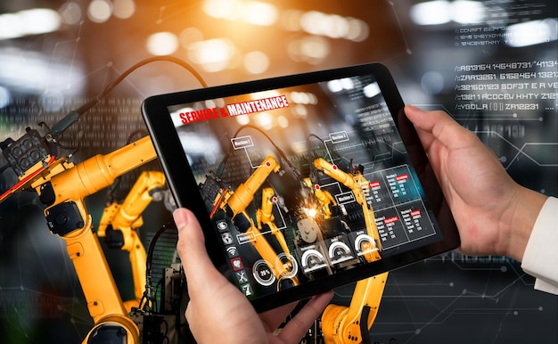 Ingenieur bestuurt robotarmen door augmented reality-industrietechnologie