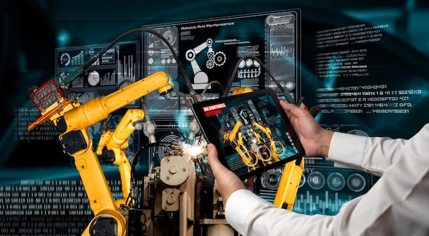 Ingenieur bestuurt robotarmen door augmented reality-industrietechnologie