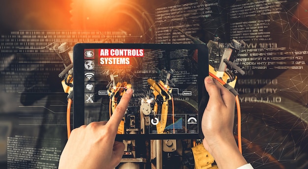 Ingenieur bestuurt robotarmen door augmented reality-industrietechnologie