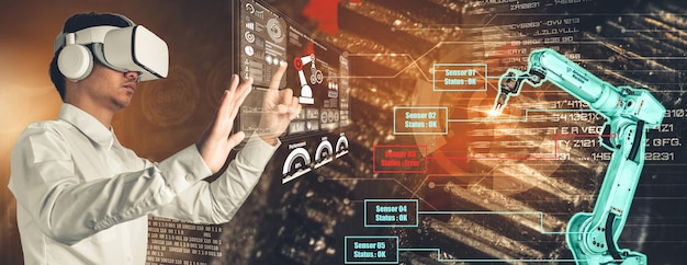 Ingenieur bestuurt robotarmen door augmented reality-industrietechnologie