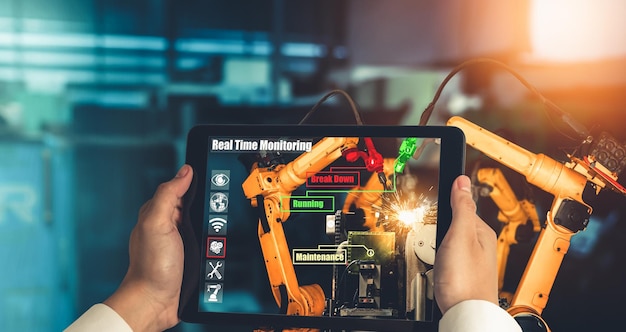 Ingenieur bestuurt robotarmen door augmented reality-industrietechnologie