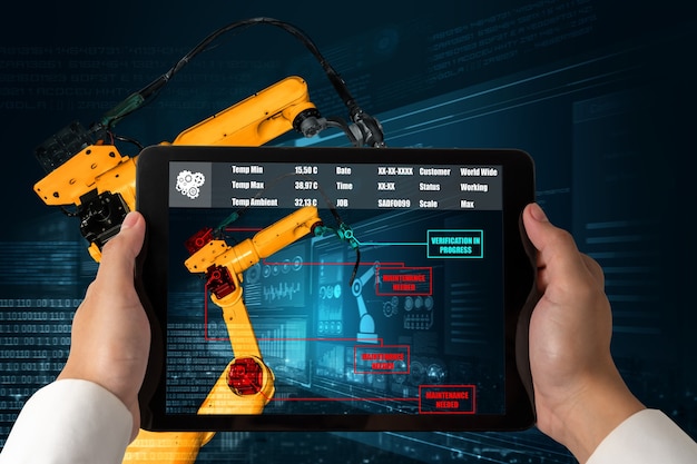 Ingenieur bestuurt robotarmen door augmented reality-industrietechnologie