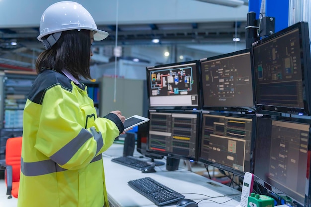 Ingenieur computerwerker op krachtige computers met veel monitor in grote fabriek Beheer de werking van grote machinesSchrijf een programma om de robot uit te voeren Programmeur die met serieuze