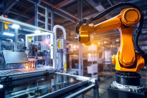 Ingenieur controle en controle automatisering robot armen machine in intelligente industriële fabriek
