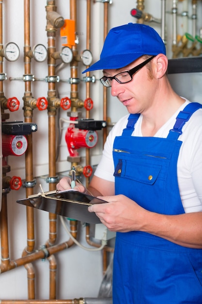 Ingenieur controle van de verwarmingsbuizen op de stookruimte