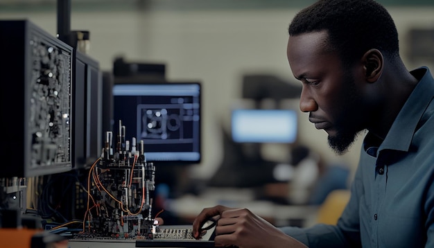 Ingenieur die een robot in elkaar zet met een blij gezicht AI Generative