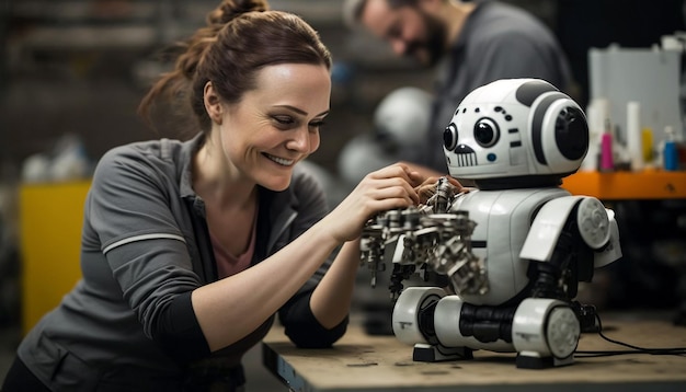 Ingenieur die een robot in elkaar zet met een blij gezicht AI Generative