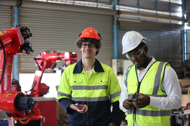 Ingenieur die het bedieningspaneel controleert en de nieuwe robotarm van Automatics en de bedieningsmachine in de fabriek leert