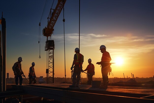 Ingenieur die 's avonds met een bouwkraan werkt aan een hoog gebouw