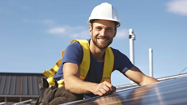 Ingenieur die zonnepanelen installeert in een zelfverzekerde pose op een dak GENERATEER AI