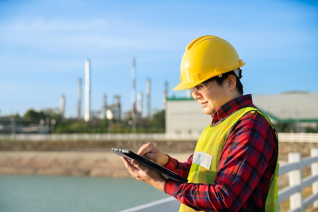 Ingenieur draagt veiligheidshelm uniform werk met tekentechnologie olieraffinaderij petrochemie