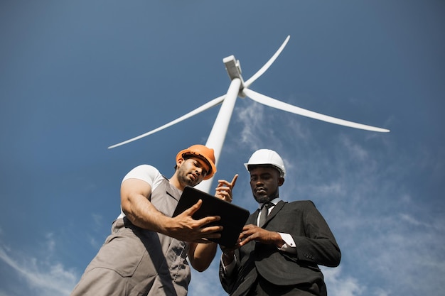 Ingenieur en inspecteur werken samen aan windmolenpark