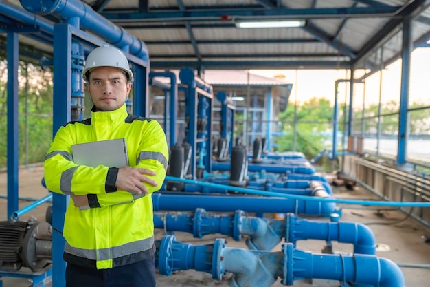 Ingenieur en onderhoudstechnicus die technische gegevens van systeemapparatuur controleren Condensator Waterpomp en drukmeter Milieubeheerder die bij de watervoorziening werkt