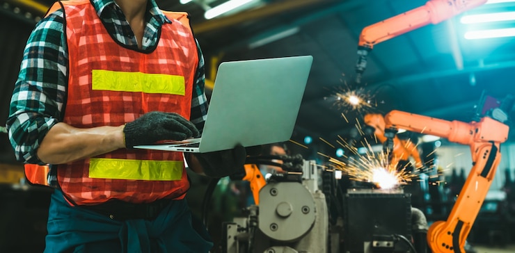 Foto ingenieur gebruikt geavanceerde robotsoftware om de industriële robotarm in de fabriek te besturen