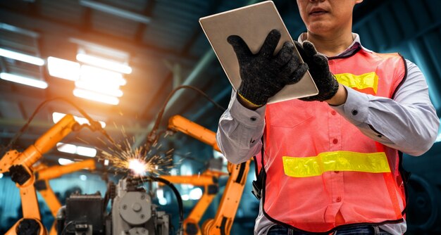 Ingenieur gebruikt geavanceerde robotsoftware om de robotarm van de industrie in de fabriek te besturen