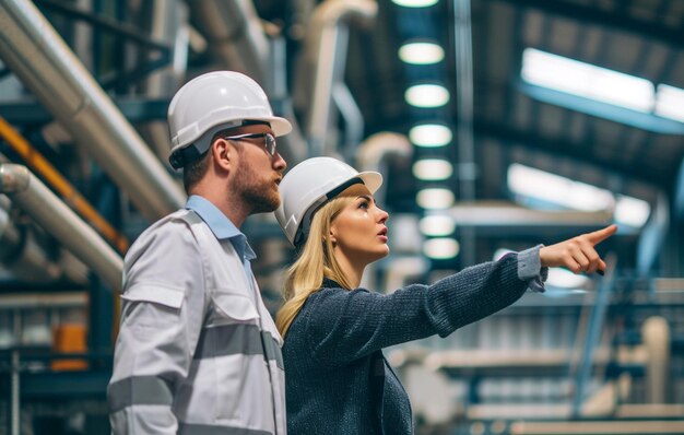 Foto ingenieur in harde hoed die naar iets wijst