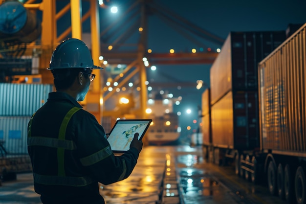 Ingenieur in inspectieuniform bekijkt details op een tablet met containerlogistiek op het laadpaviljoen