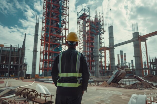 Ingenieur in veiligheidsuitrusting op de bouwplaats van HRSG